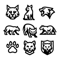Black and White Graphic Collection of Feline Icons and Paw Print.