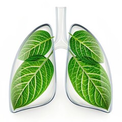 Transparent human lungs filled with vibrant green leaves on a white background