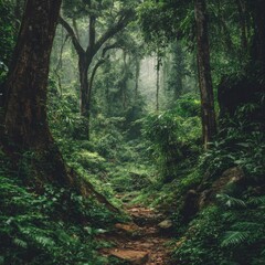Lush Tropical Rainforest Path Beckons Adventure in Southeast Asia Low Angle View Green Foliage Trees Sunlight