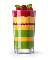 Vertical layered smoothie in glass with raspberries and mint leaves on top