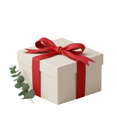 Obraz premium A pristine, cream-colored gift box with a red satin ribbon and perfect bow, subtly adorned with green eucalyptus, centered on a transparent studio background. Concept of elegant luxury