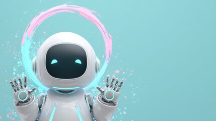 A cute robotic figure with a friendly expression, surrounded by colorful splashes, conveys a playful and futuristic vibe against a light blue background, cute robot with space for text