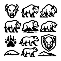 Bold Line Art Bison Collection Head Walking and Resting Poses.