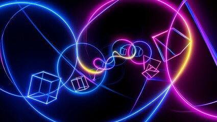 Abstract neon shapes and lines in blue pink and yellow colors