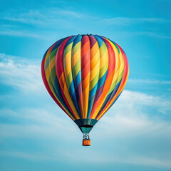 Vibrant striped hot air balloon floats serenely against a clear blue sky with wispy clouds