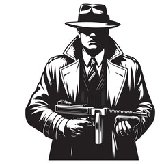 Gangster with gun illustration, vintage mafia man in hat, retro crime vector artwork