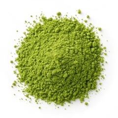 Vibrant green matcha powder pile with fine texture and scattered particles