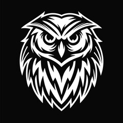Striking stylized owl illustration gazes intensely with its piercing eyes on black