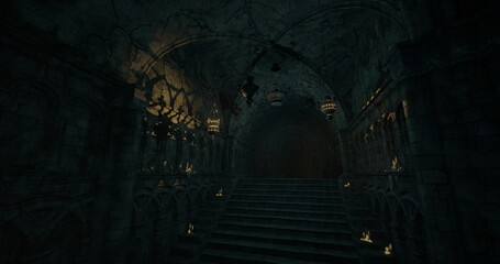 Naklejka premium An ancient castle features a dark staircase leading upward. Flickering candles rest along the stone railing, casting soft shadows. The atmosphere evokes a sense of mystery and history.