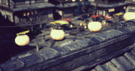 Softly glowing lanterns hang above an enchanting courtyard filled with vendors and decorations, creating a vibrant atmosphere during evening celebrations in a historic neighborhood.