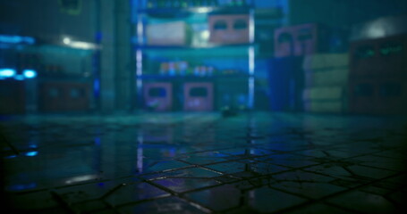 In a dimly lit urban corner, colorful crates are stacked on shelves, surrounded by shadows. Reflections shimmer on the wet floor, creating an intriguing atmosphere at night.