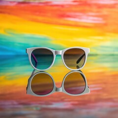 White minimalist sunglasses with gradient lenses reflected on a vibrant colorful background