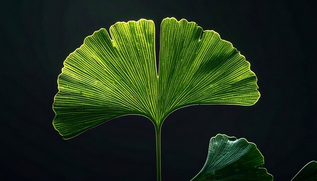 A vibrant, fan-shaped green leaf with striking parallel veins glows against a dark background, displaying delicate textures