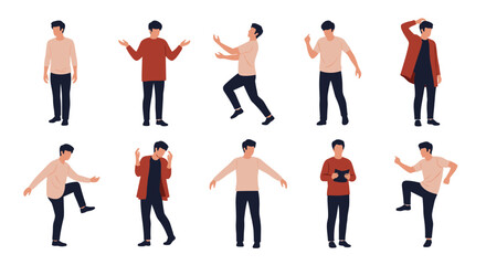 Fototapeta premium A collection of ten men in casual clothes performing various dynamic poses