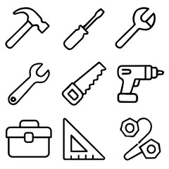 Collection of Black and White Outline Tools and Workshop Supplies.