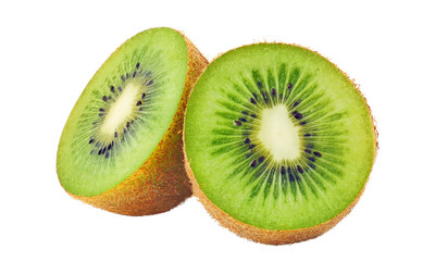 Freshly cut kiwi fruit slices, with their vibrant green flesh and sweet, juicy brown skin, isolated on a white background