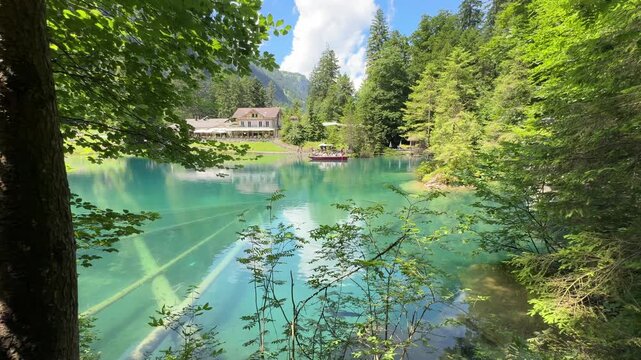 Crystal-clear Blausee lake in Switzerland, where the water is so transparent you can see fish swimming below. Pristine alpine nature, peaceful atmosphere, and stunning natural beauty. Kandergrund 