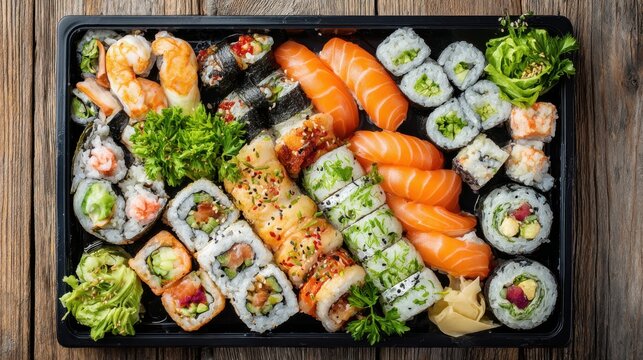 Overhead shot of assorted sushi rolls in a black tray on a wooden table, showcasing salmon, shrimp, tuna, and vegetable varieties - Powered by Adobe