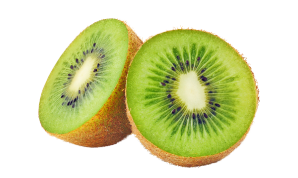 Freshly cut kiwi fruit slices, with their vibrant green flesh and sweet, juicy brown skin, isolated on a white background