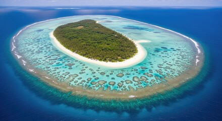 A pristine, oval-shaped island surrounded by vibrant coral reefs and turquoise water.