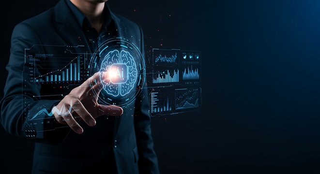 Person Touching Blue Futuristic AI Interface with Data Graphs