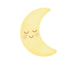 Watercolor Illustration of a Crescent Moon with Face