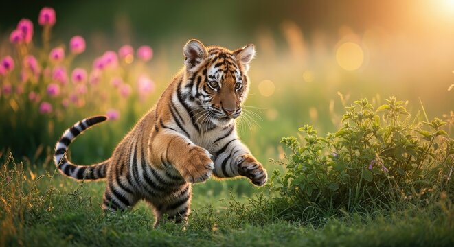 Playful tiger cub leaps in a sunlit meadow, surrounded by wildflowers.