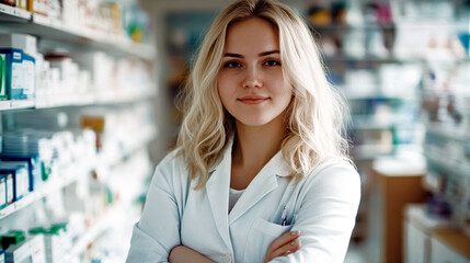 Confident pharmacist posing with crossed arms in pharmacy