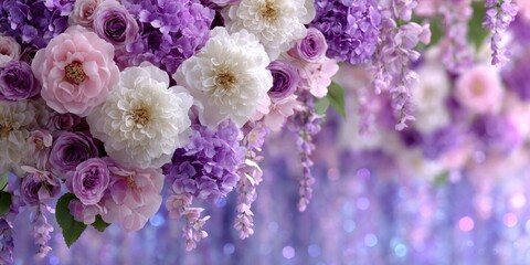 Minimal floral arrangement with purple, pink, and white flowers for elegant wedding backgrounds or romantic event marketing