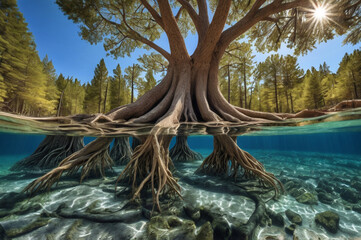 Fototapeta premium Mangrove Tree Roots Submerged in Clear Water with Forest Background image photo