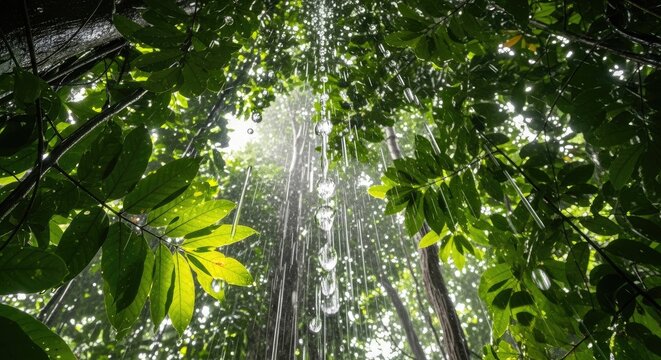 Sunlight filters through lush rainforest canopy, illuminating cascading water droplets. - Powered by Adobe