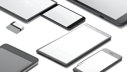 Modern Electronic Devices Displaying Blank Screens on White Background.