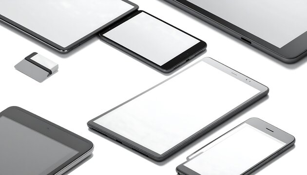 Modern Electronic Devices Displaying Blank Screens on White Background.