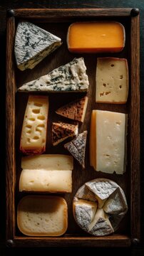 Assorted cheese selection on wooden tray overhead shot gourmet food photography artisan cheeses dairy product