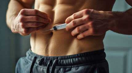 Muscular man injecting himself with syringe in abdomen
