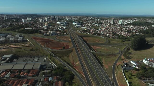 Botucatu, S&atilde;o Paulo, Brazil. High-angle aerial view of highway infrastructure development. Construction of the access road to Shopping Botucatu, on the Teacher Joao Hipolito Martins Highway (SP-209). 