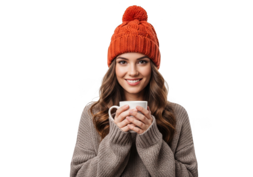 Woman in orange beanie holding a mug isolated on transparent background - Powered by Adobe