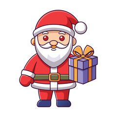 Adorable cartoon illustration of a cheerful santa claus holding a beautifully wrapped blue gift box tied with a golden ribbon ready for christmas
