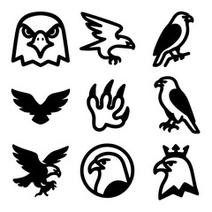 Collection of Nine Stylized Black and White Eagle Icon Illustrations.
