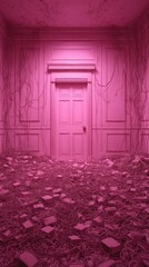 Pink Room with Door and Cables Abstract Conceptual Interior Design Art Installation Surrealism Low Angle View