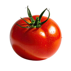 Single, ripe tomato, vibrant red hue, slightly glossy skin, small water droplets, stem and leaves