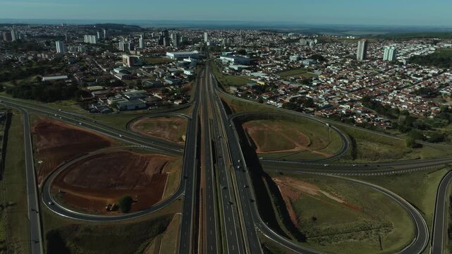 Botucatu, S&atilde;o Paulo, Brazil. High-angle aerial view of highway infrastructure development. Construction of the access road to Shopping Botucatu, on the Teacher Joao Hipolito Martins Highway (SP-209). 