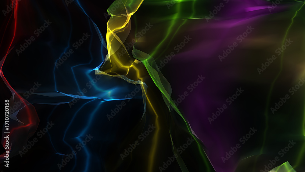 Wall mural animated 3d render of glow abstract particles in defocus. motion background with twisted lines