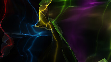 Animated 3d render of glow abstract particles in defocus. Motion background with twisted lines