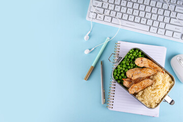 Packed homemade lunch for office, balanced healthy brunch with grilled chicken fillet, couscous...
