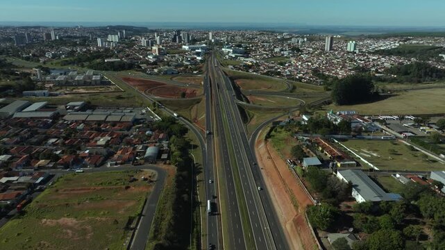 Botucatu, S&atilde;o Paulo, Brazil. High-angle aerial view of highway infrastructure development. Construction of the access road to Shopping Botucatu, on the Teacher Joao Hipolito Martins Highway (SP-209). 