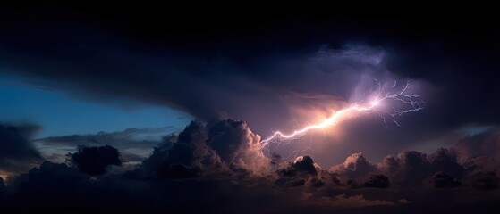 Fototapeta premium Dramatic Lightning Strike Illuminates Dark Storm Clouds at Dusk Panoramic View Nature's Power