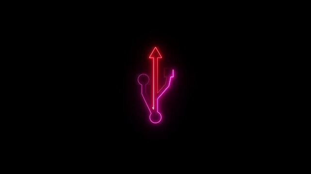 Animated of glowing neon USB cables icon. Neon adapter port icon animation on black background. USB socket cable symbol. USB sign.