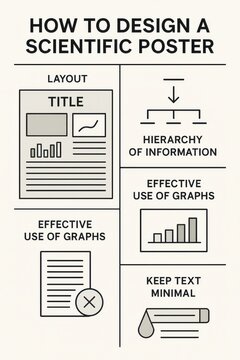 Informative guide on scientific poster design featuring layout hierarchy and graph use to achieve