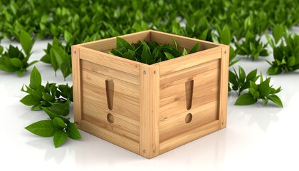 Wooden crate with exclamation marks, surrounded by leaves